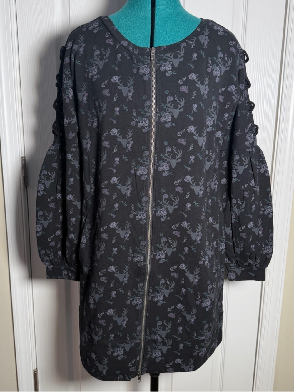 Billy T Black Deer & Floral Print Lace-Up Puffy Sleeve Zip Front Mini Dress Boho